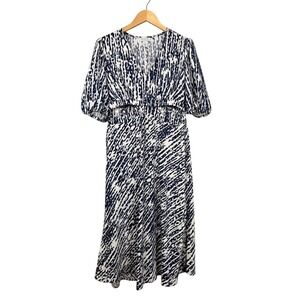 SOFIA VERGARA Navy White Abstract Print V Neck‎ Midi Dress Women's M 8 10